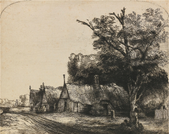 伦勃朗 三幢茅屋的风景画 腐蚀与钢刻版画 16.2×20.2cm 1640年 卢浮宫博物馆素描版画部藏