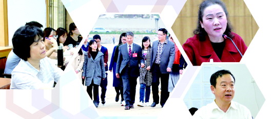 十九大代表左敏(左)、于长军(中)、杨秀玉(右上)、王邵军(右下)以各种方式，向广大干部群众宣讲十九大精神。