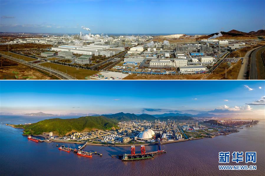上图：万华烟台工业园航拍画面（2018年12月4日无人机拍摄，新华社记者郭绪雷摄）；下图：万华宁波公司全景图（资料照片）。新华社发