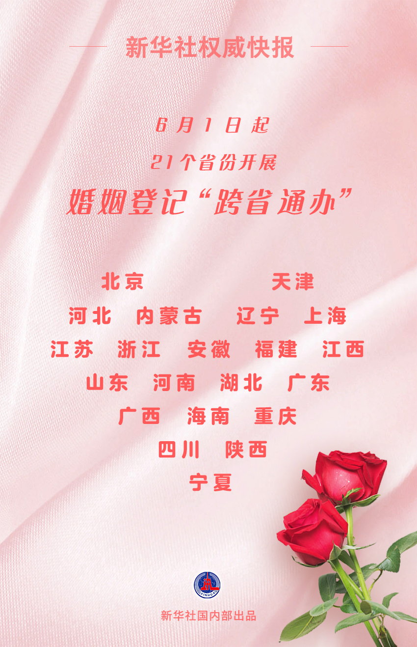 新华社权威快报丨6月1日起21个省份婚姻登记可“跨省通办”