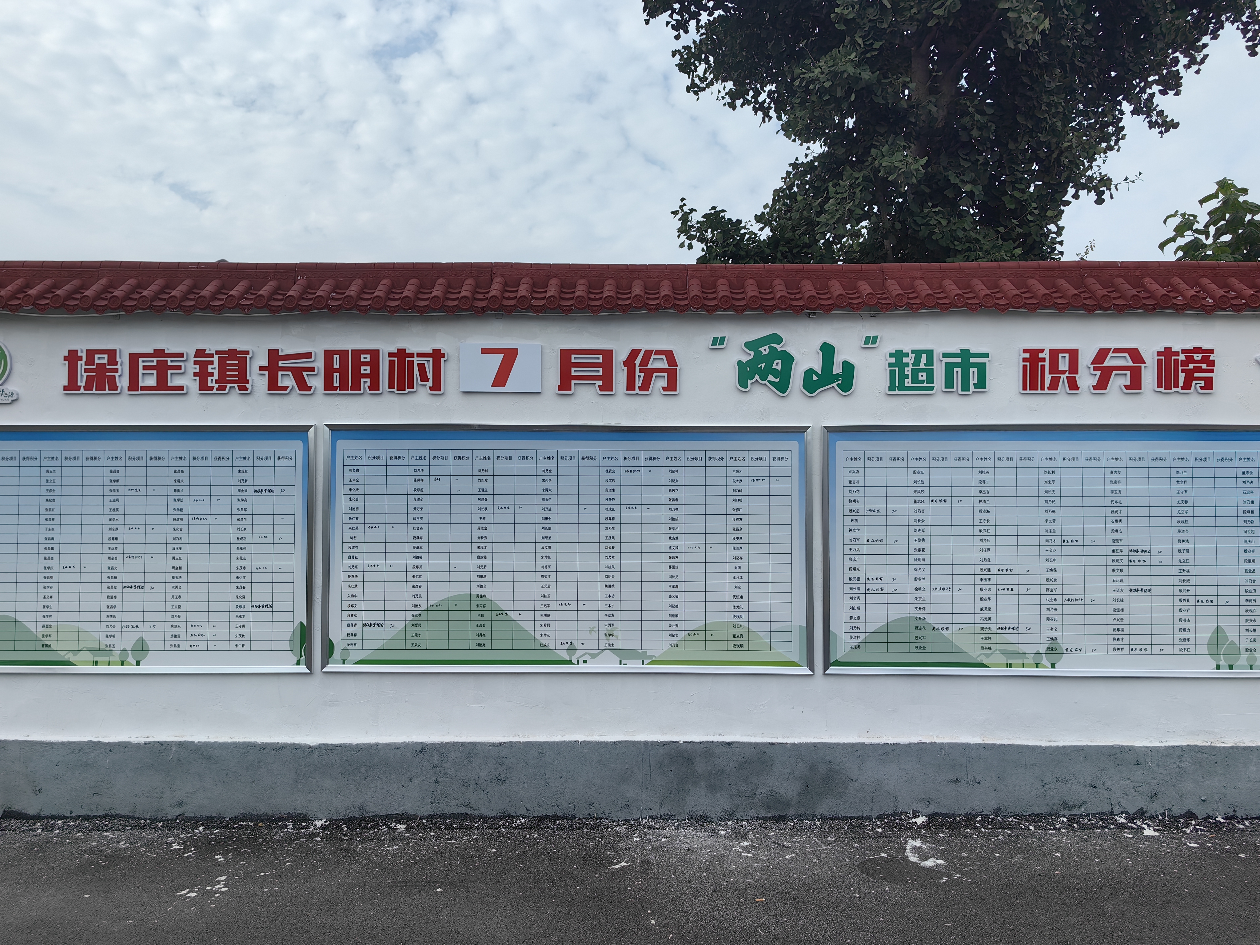 7月19日，蒙阴县垛庄镇长明村墙上张贴的“两山”超市积分榜。新华社记者 贾云鹏 摄