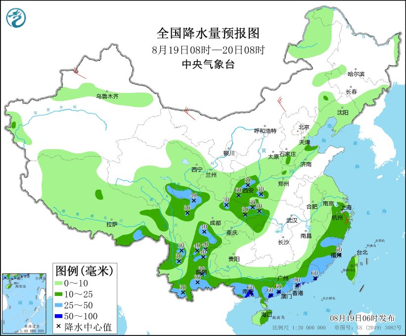 全國降水量預(yù)報(bào)圖(8月19日08時(shí)-20日08時(shí))