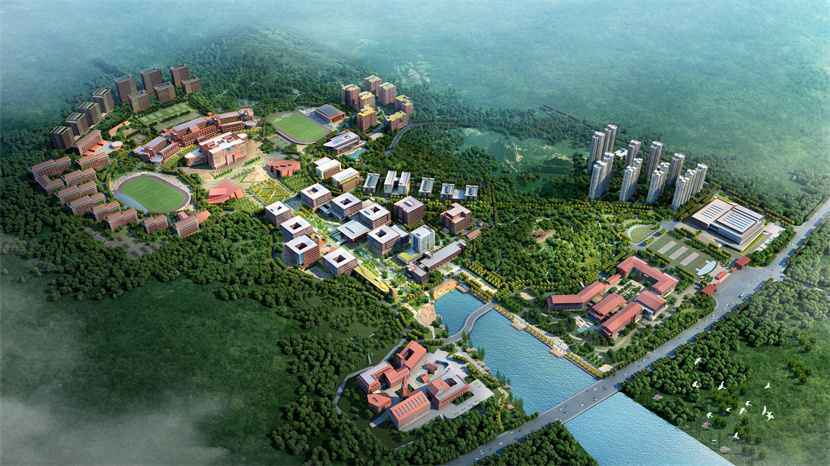 青岛理工大学西海岸新区主校区鸟瞰效果图。