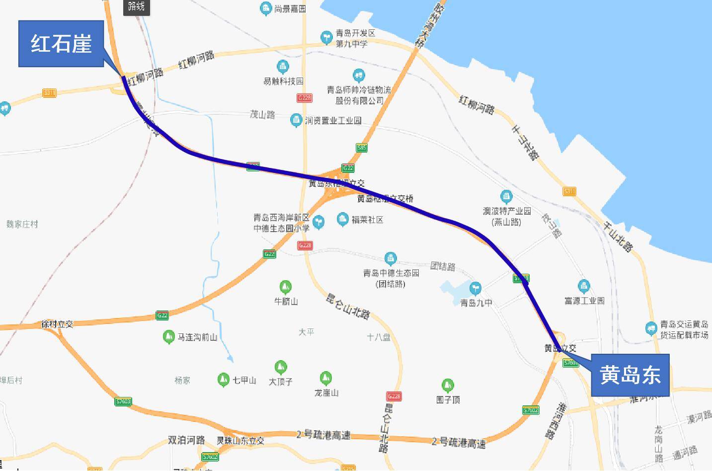 胶州湾高速免费通行段示意图。