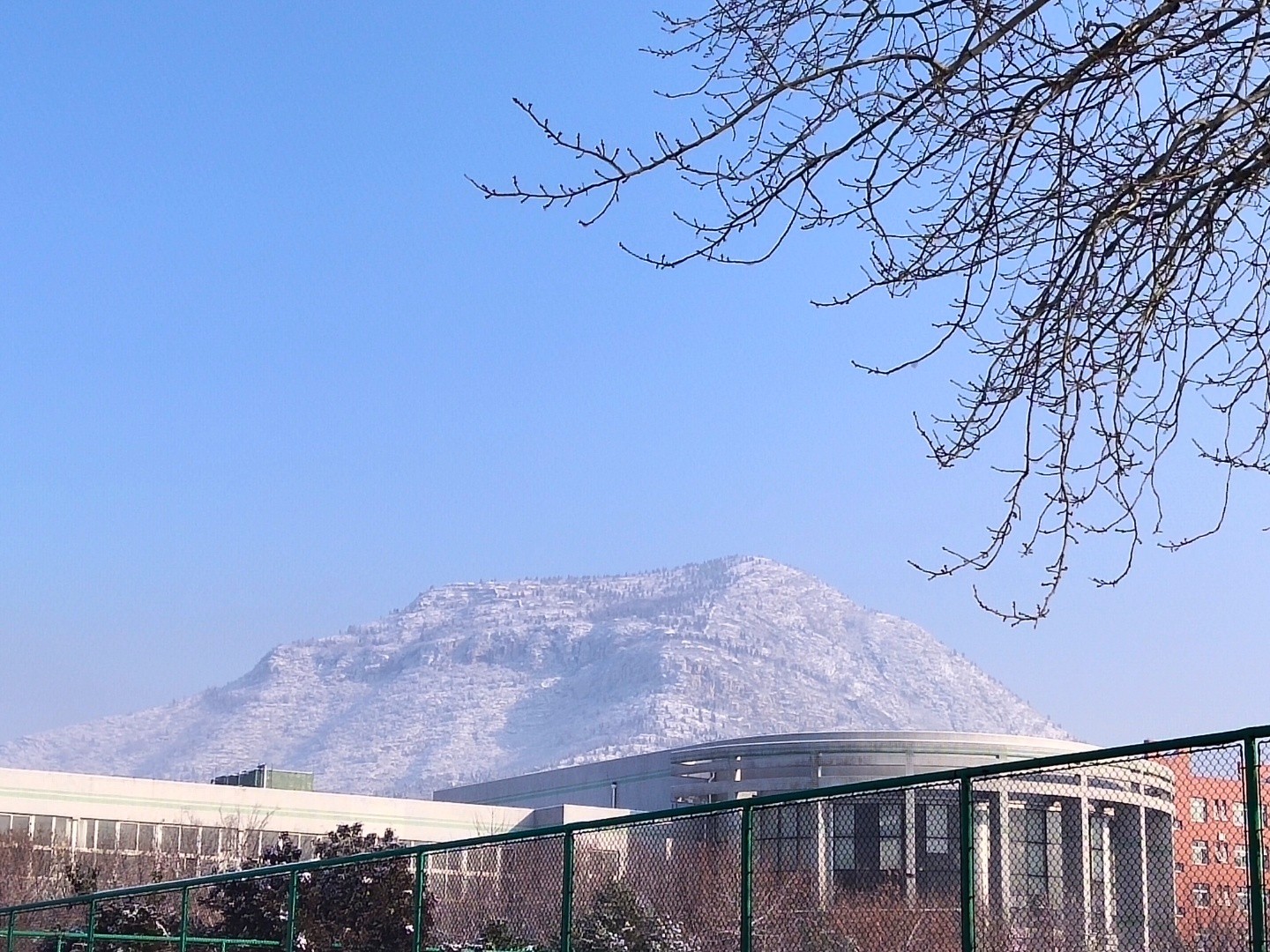 我在山东女子学院看到的第一场雪，白雪罩在学校后面的山峰上，很有意韵。张霄雅 山东女子学院文化传播学院