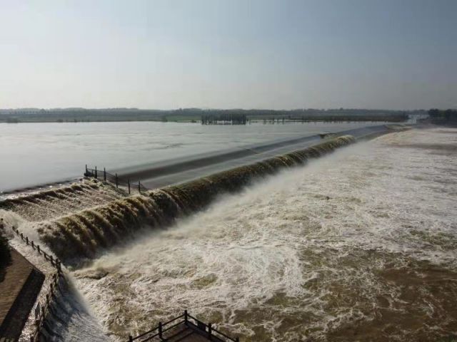 受降雨影响，大汶河流量激增。图为9月21日上午，戴村坝向东平湖过流。通讯员 杨璇