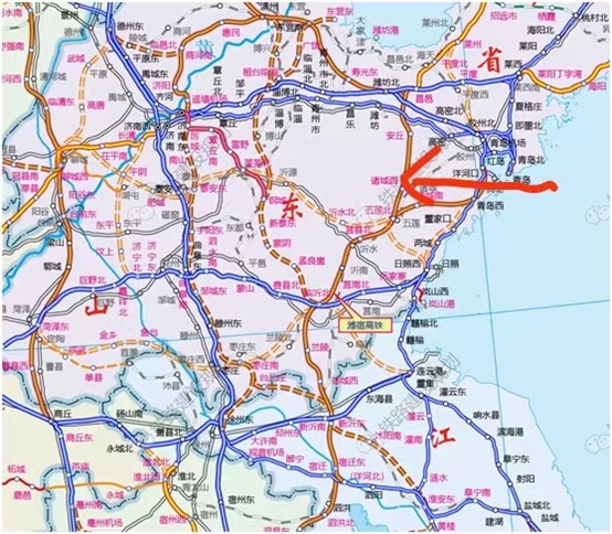 红色箭头所示即为京沪高铁二线山东段