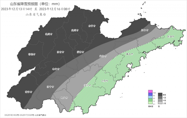◆12月13日14時—16日08時過程累積降雪量預報圖