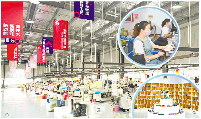 图①：上合工业互联智能共享工场内的全自动帽檐机等智能缝制设备。图②：李哥庄镇制帽企业车间，工人正在加工帽檐。图③：李哥庄镇制帽行业商会展厅内陈列的样品。（□记者 白晓 报道）